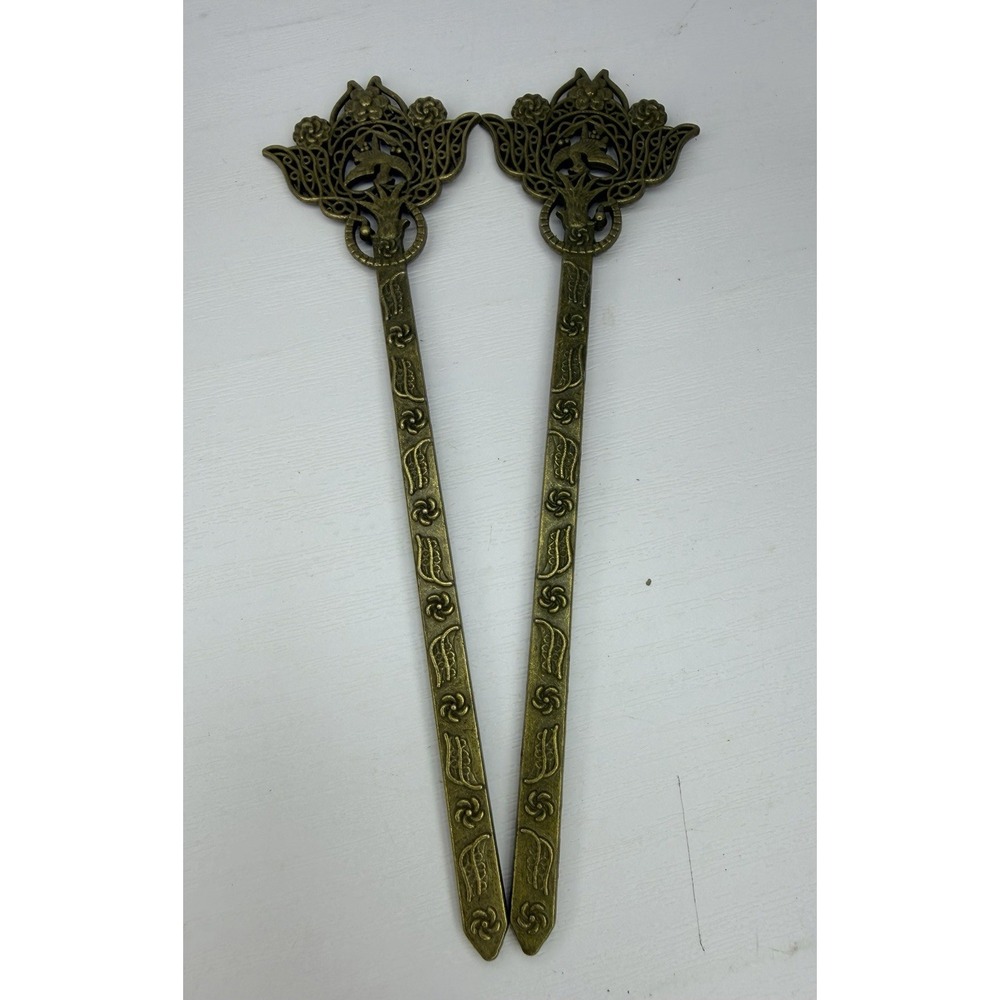 Vintage Bronze Filigree Hair Stick Metal Hairpin Ornate Floral Updo Hair Accesso